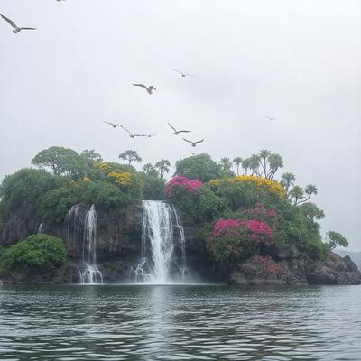 The primary subject of the image is a beautiful island with a waterfall, surrounded by a lush green forest. The island is covered in vibrant pink flowers, adding a touch of color to the scene. The setting is a serene body of water, with a few birds flying in the sky, creating a peaceful and natural atmosphere. The visual style of the image is a combination of photo and digital art, resulting in a stunning and realistic representation of the island and its surroundings. The colors and mood of